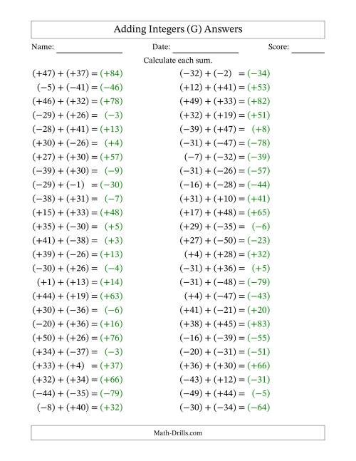 The Adding Mixed Integers from -50 to 50 (50 Questions; All Parentheses) (G) Math Worksheet Page 2