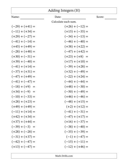The Adding Mixed Integers from -50 to 50 (50 Questions; All Parentheses) (H) Math Worksheet