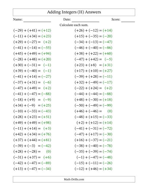 The Adding Mixed Integers from -50 to 50 (50 Questions; All Parentheses) (H) Math Worksheet Page 2