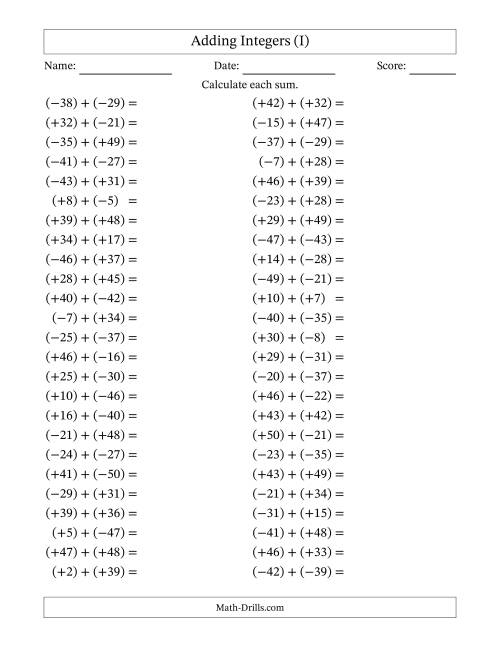 The Adding Mixed Integers from -50 to 50 (50 Questions; All Parentheses) (I) Math Worksheet