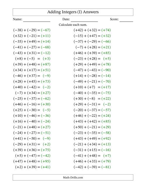 The Adding Mixed Integers from -50 to 50 (50 Questions; All Parentheses) (I) Math Worksheet Page 2
