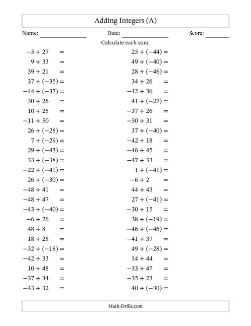 The Adding Mixed Integers from -50 to 50 (50 Questions) (A) Math Worksheet