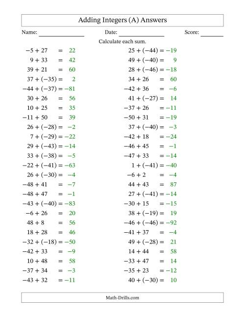 The Adding Mixed Integers from -50 to 50 (50 Questions) (A) Math Worksheet Page 2