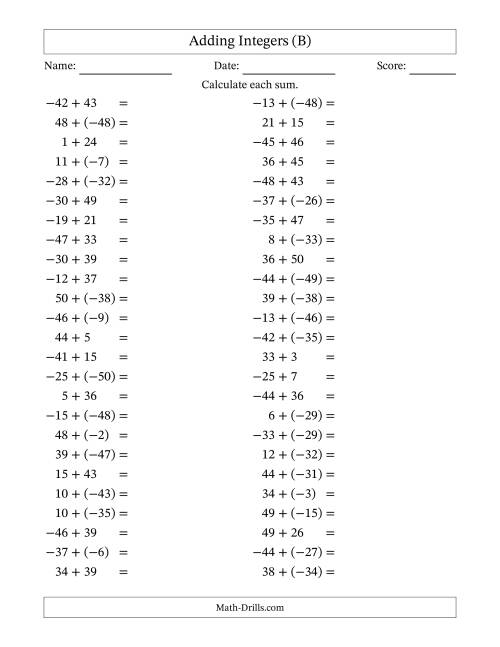 The Adding Mixed Integers from -50 to 50 (50 Questions) (B) Math Worksheet