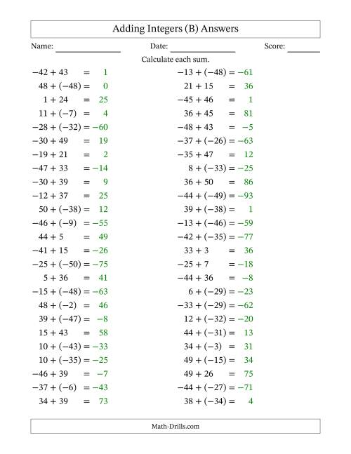 The Adding Mixed Integers from -50 to 50 (50 Questions) (B) Math Worksheet Page 2