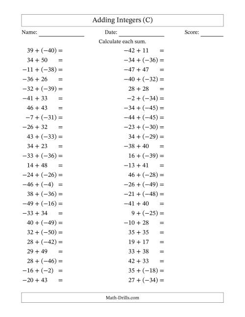 The Adding Mixed Integers from -50 to 50 (50 Questions) (C) Math Worksheet