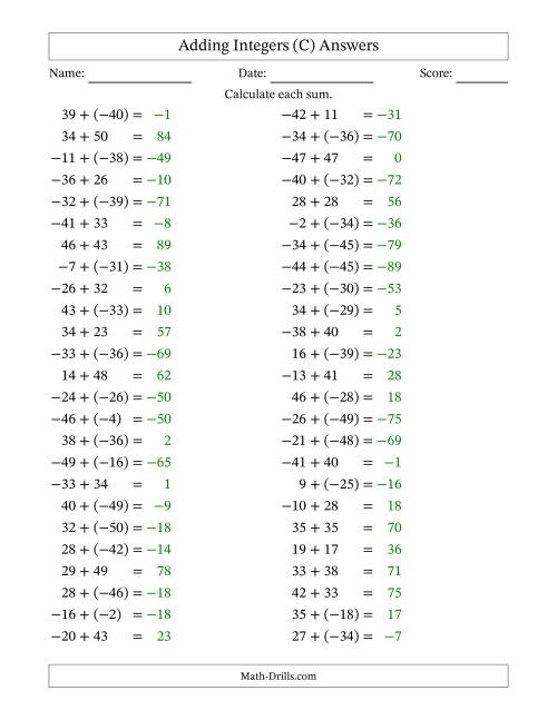 The Adding Mixed Integers from -50 to 50 (50 Questions) (C) Math Worksheet Page 2
