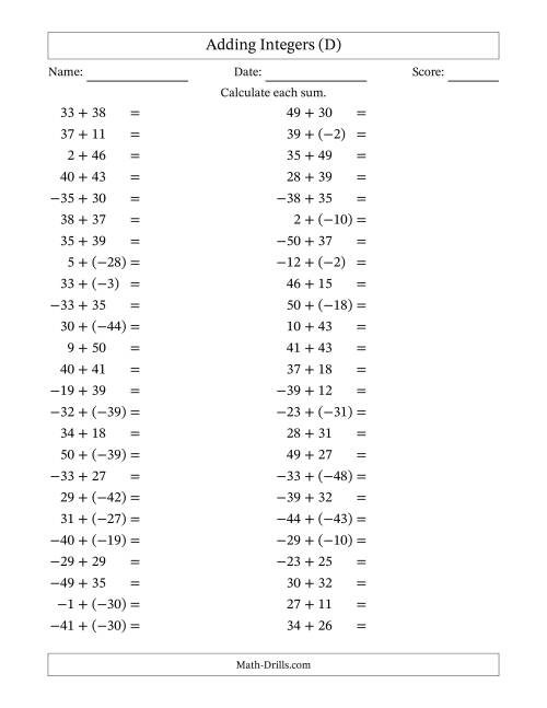 The Adding Mixed Integers from -50 to 50 (50 Questions) (D) Math Worksheet