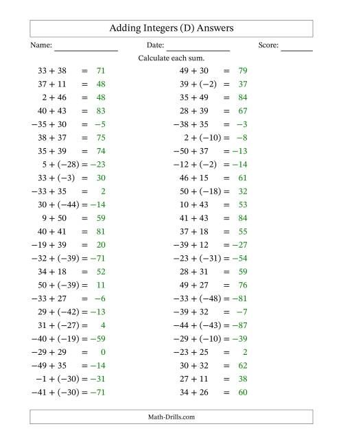 The Adding Mixed Integers from -50 to 50 (50 Questions) (D) Math Worksheet Page 2