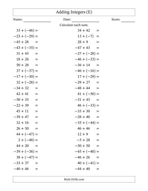 The Adding Mixed Integers from -50 to 50 (50 Questions) (E) Math Worksheet