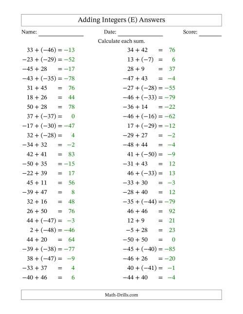 The Adding Mixed Integers from -50 to 50 (50 Questions) (E) Math Worksheet Page 2