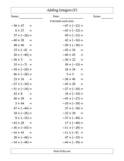 The Adding Mixed Integers from -50 to 50 (50 Questions) (F) Math Worksheet