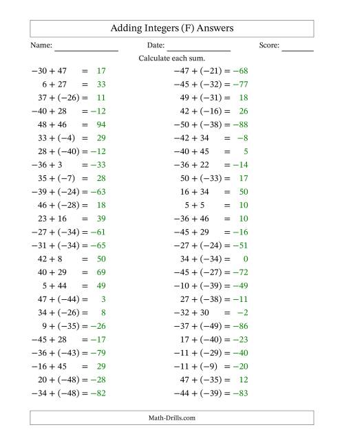 The Adding Mixed Integers from -50 to 50 (50 Questions) (F) Math Worksheet Page 2