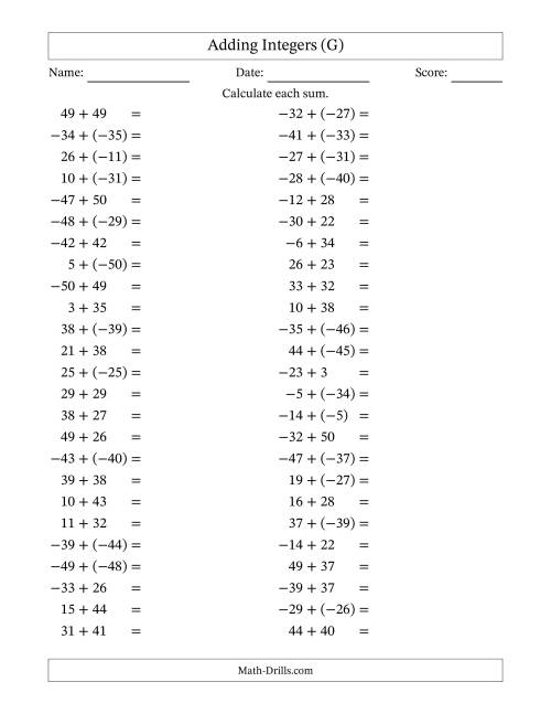 The Adding Mixed Integers from -50 to 50 (50 Questions) (G) Math Worksheet