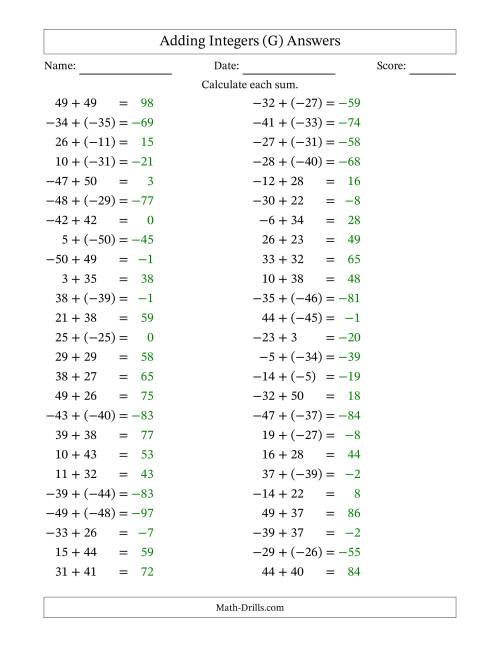 The Adding Mixed Integers from -50 to 50 (50 Questions) (G) Math Worksheet Page 2