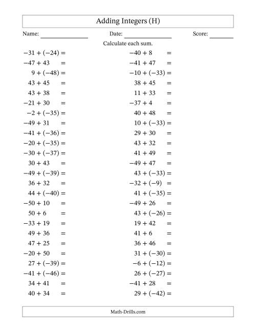The Adding Mixed Integers from -50 to 50 (50 Questions) (H) Math Worksheet