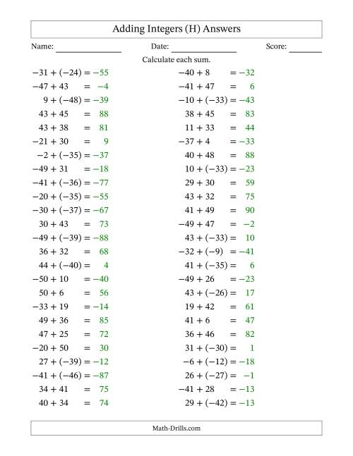 The Adding Mixed Integers from -50 to 50 (50 Questions) (H) Math Worksheet Page 2