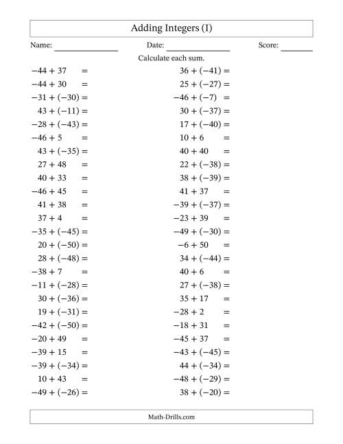 The Adding Mixed Integers from -50 to 50 (50 Questions) (I) Math Worksheet
