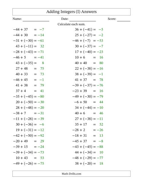 The Adding Mixed Integers from -50 to 50 (50 Questions) (I) Math Worksheet Page 2