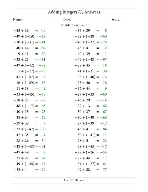 The Adding Mixed Integers from -50 to 50 (50 Questions) (J) Math Worksheet Page 2