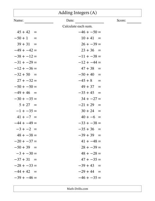 The Adding Mixed Integers from -50 to 50 (50 Questions; No Parentheses) (A) Math Worksheet