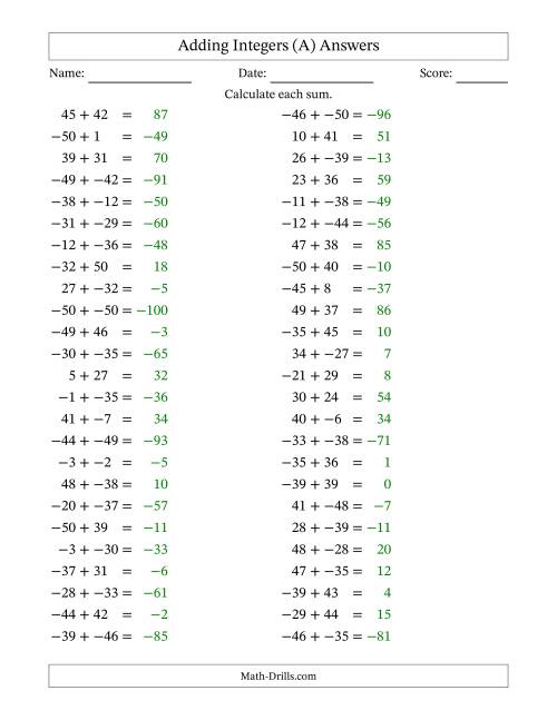 The Adding Mixed Integers from -50 to 50 (50 Questions; No Parentheses) (A) Math Worksheet Page 2