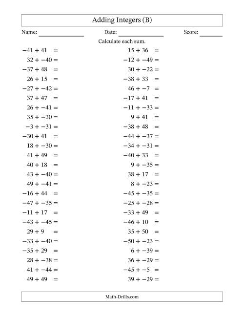 The Adding Mixed Integers from -50 to 50 (50 Questions; No Parentheses) (B) Math Worksheet