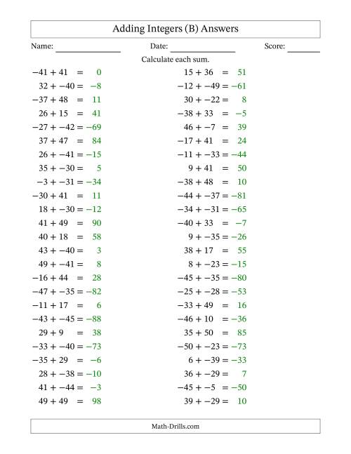 The Adding Mixed Integers from -50 to 50 (50 Questions; No Parentheses) (B) Math Worksheet Page 2