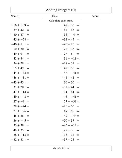 The Adding Mixed Integers from -50 to 50 (50 Questions; No Parentheses) (C) Math Worksheet