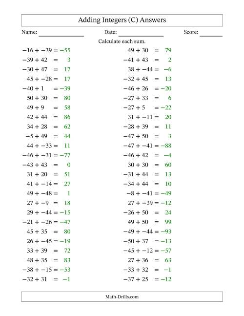 The Adding Mixed Integers from -50 to 50 (50 Questions; No Parentheses) (C) Math Worksheet Page 2