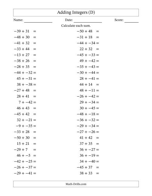 The Adding Mixed Integers from -50 to 50 (50 Questions; No Parentheses) (D) Math Worksheet