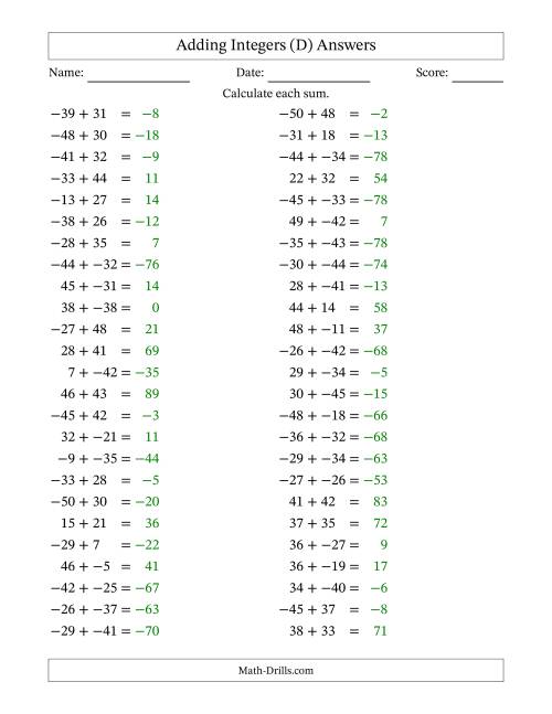 The Adding Mixed Integers from -50 to 50 (50 Questions; No Parentheses) (D) Math Worksheet Page 2