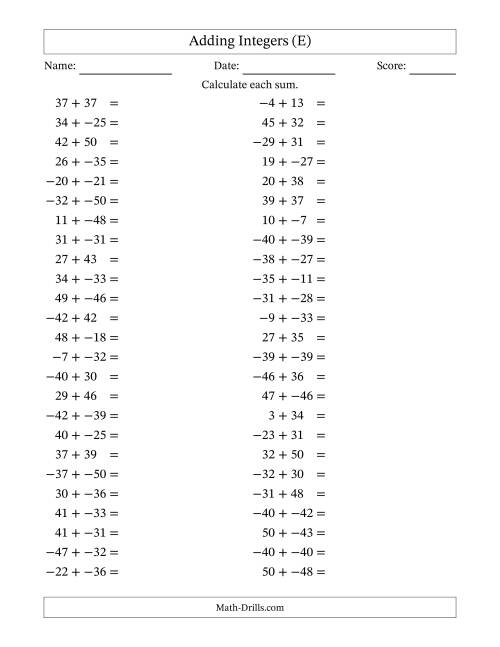 The Adding Mixed Integers from -50 to 50 (50 Questions; No Parentheses) (E) Math Worksheet