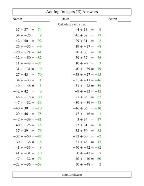 The Adding Mixed Integers from -50 to 50 (50 Questions; No Parentheses) (E) Math Worksheet Page 2