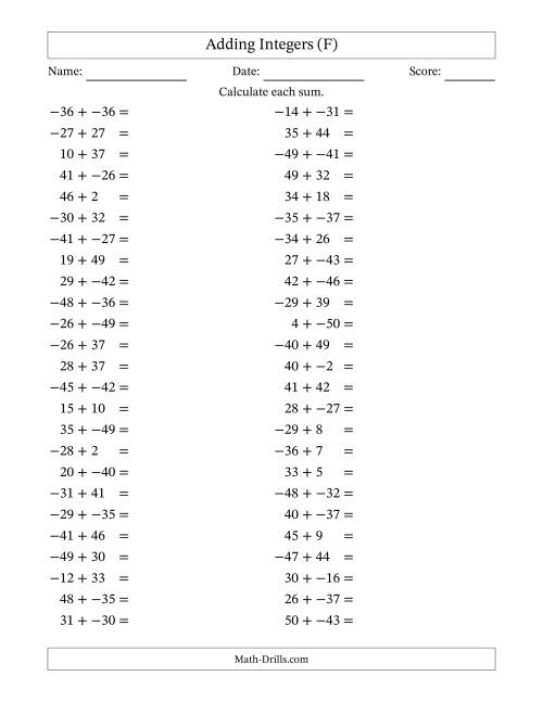 The Adding Mixed Integers from -50 to 50 (50 Questions; No Parentheses) (F) Math Worksheet