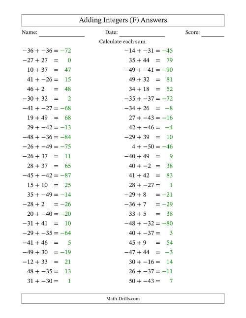 The Adding Mixed Integers from -50 to 50 (50 Questions; No Parentheses) (F) Math Worksheet Page 2