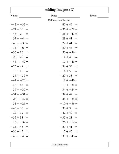 The Adding Mixed Integers from -50 to 50 (50 Questions; No Parentheses) (G) Math Worksheet