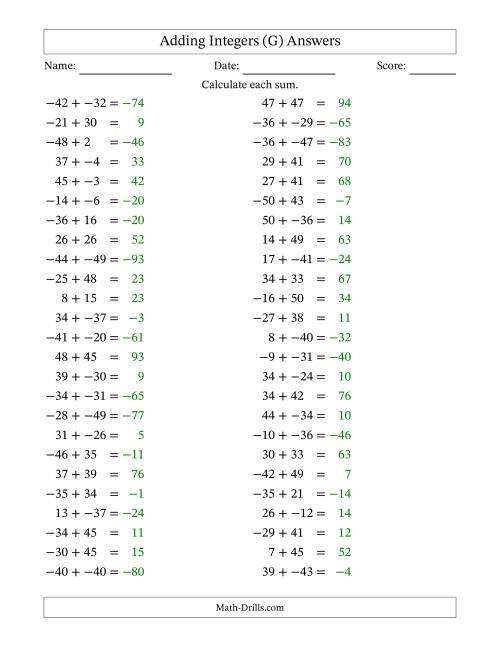 The Adding Mixed Integers from -50 to 50 (50 Questions; No Parentheses) (G) Math Worksheet Page 2