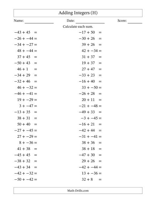 The Adding Mixed Integers from -50 to 50 (50 Questions; No Parentheses) (H) Math Worksheet