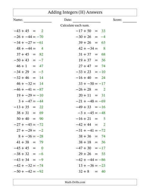 The Adding Mixed Integers from -50 to 50 (50 Questions; No Parentheses) (H) Math Worksheet Page 2