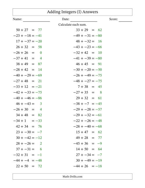 The Adding Mixed Integers from -50 to 50 (50 Questions; No Parentheses) (I) Math Worksheet Page 2