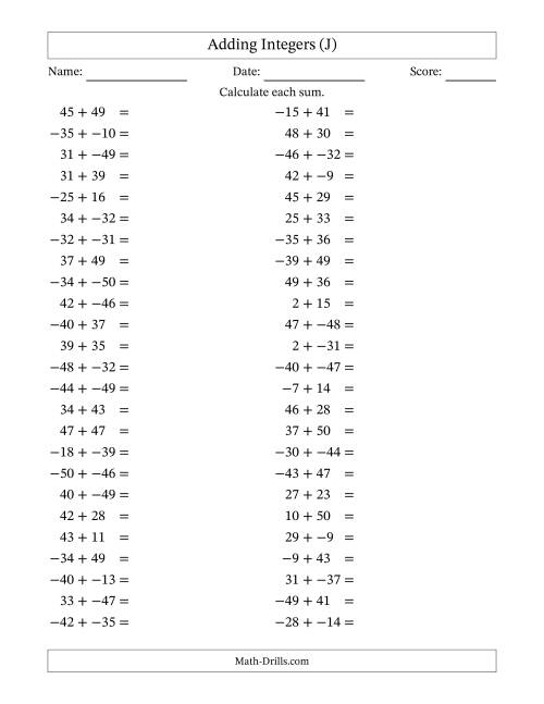 The Adding Mixed Integers from -50 to 50 (50 Questions; No Parentheses) (J) Math Worksheet