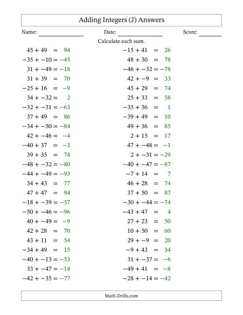 The Adding Mixed Integers from -50 to 50 (50 Questions; No Parentheses) (J) Math Worksheet Page 2