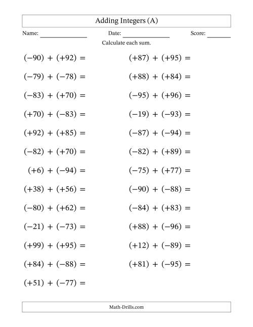 The Adding Mixed Integers from -99 to 99 (25 Questions; Large Print; All Parentheses) (A) Math Worksheet