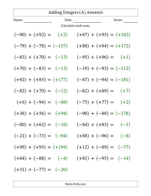The Adding Mixed Integers from -99 to 99 (25 Questions; Large Print; All Parentheses) (A) Math Worksheet Page 2