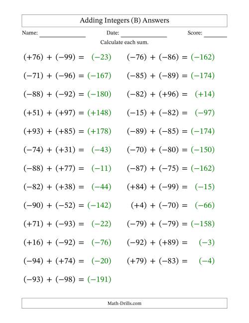 The Adding Mixed Integers from -99 to 99 (25 Questions; Large Print; All Parentheses) (B) Math Worksheet Page 2