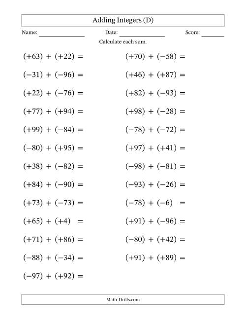 The Adding Mixed Integers from -99 to 99 (25 Questions; Large Print; All Parentheses) (D) Math Worksheet