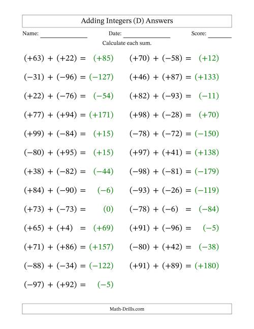 The Adding Mixed Integers from -99 to 99 (25 Questions; Large Print; All Parentheses) (D) Math Worksheet Page 2