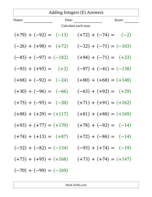 The Adding Mixed Integers from -99 to 99 (25 Questions; Large Print; All Parentheses) (E) Math Worksheet Page 2