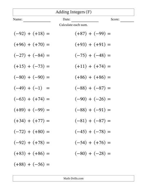 The Adding Mixed Integers from -99 to 99 (25 Questions; Large Print; All Parentheses) (F) Math Worksheet